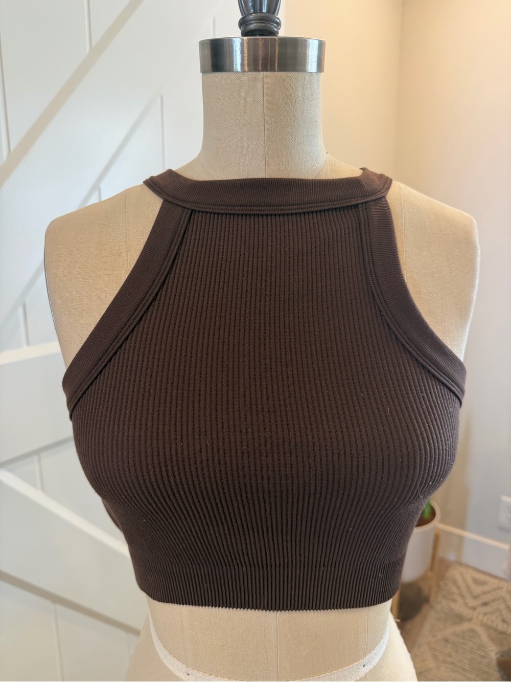 Cotton On Ribbed Halter Crop Top - Chocolate Brown